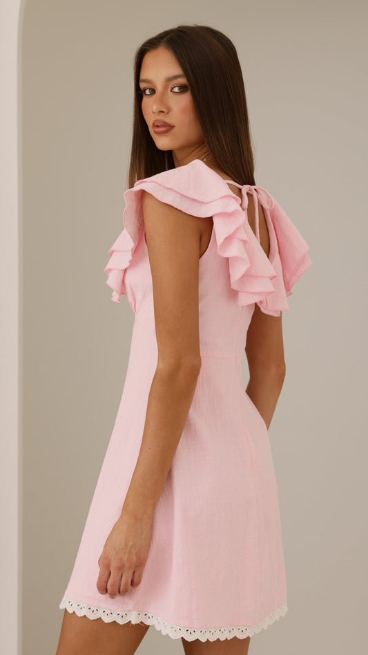 Hattie Frill V-Neck Sleeveless A-Line Mini Dress with Lace Hem – Pink