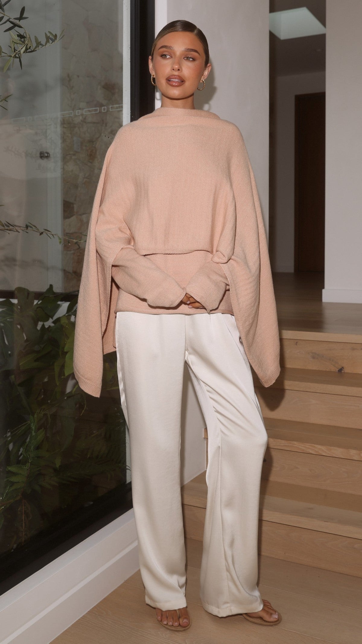 Jazmine Round Neck Rolled Hem Knit Jumper and Wide Scarf Set – Peach – view 5