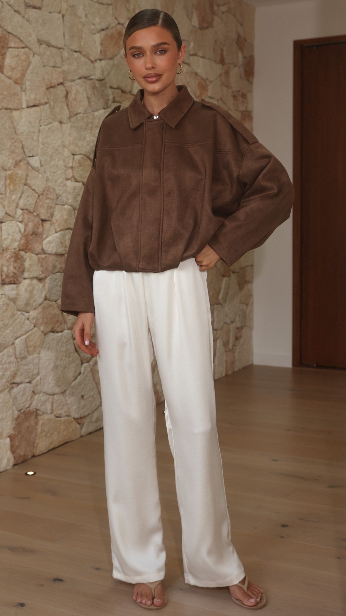 Phoenix Faux Suede Collared Bomber Jacket with Bubble Hem – Brown