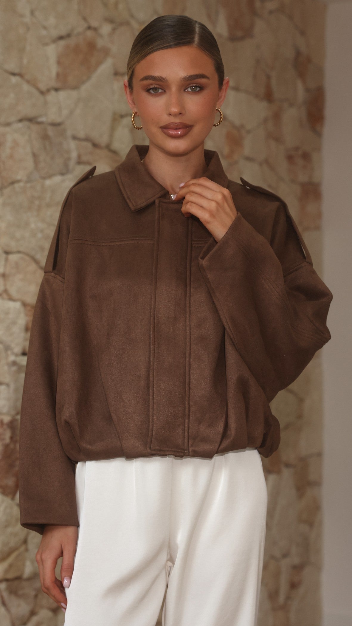 Phoenix Faux Suede Collared Bomber Jacket with Bubble Hem – Brown – view 7