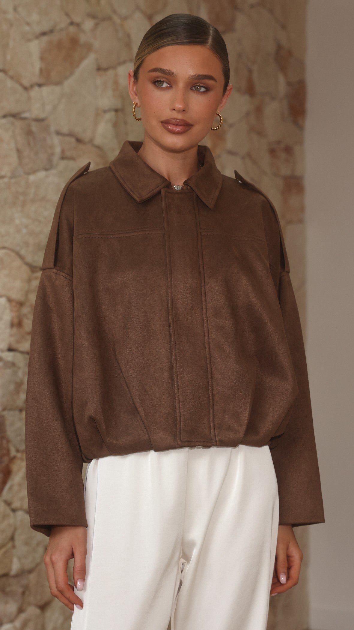 Phoenix Faux Suede Collared Bomber Jacket with Bubble Hem – Brown – view 3