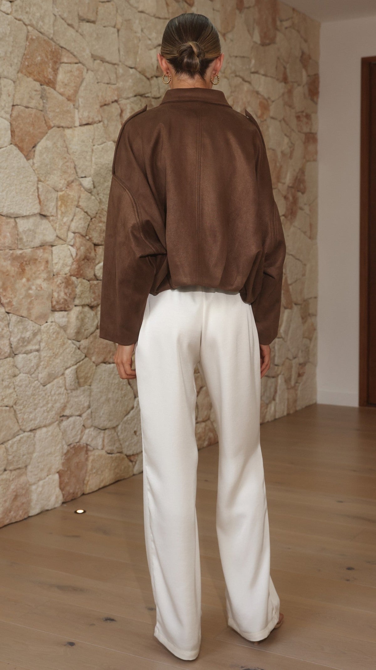Phoenix Faux Suede Collared Bomber Jacket with Bubble Hem – Brown – view 2