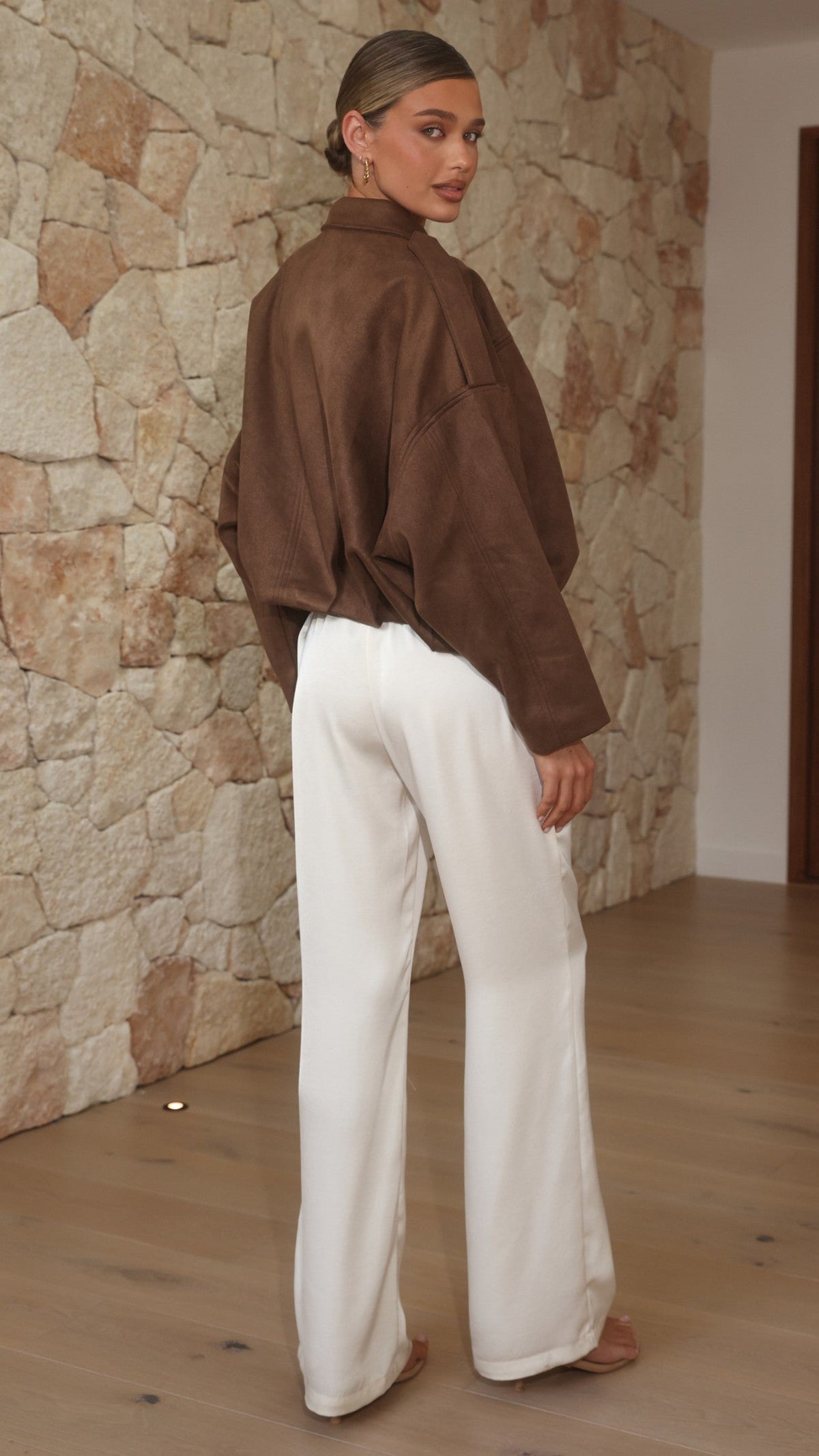 Phoenix Faux Suede Collared Bomber Jacket with Bubble Hem – Brown – view 8