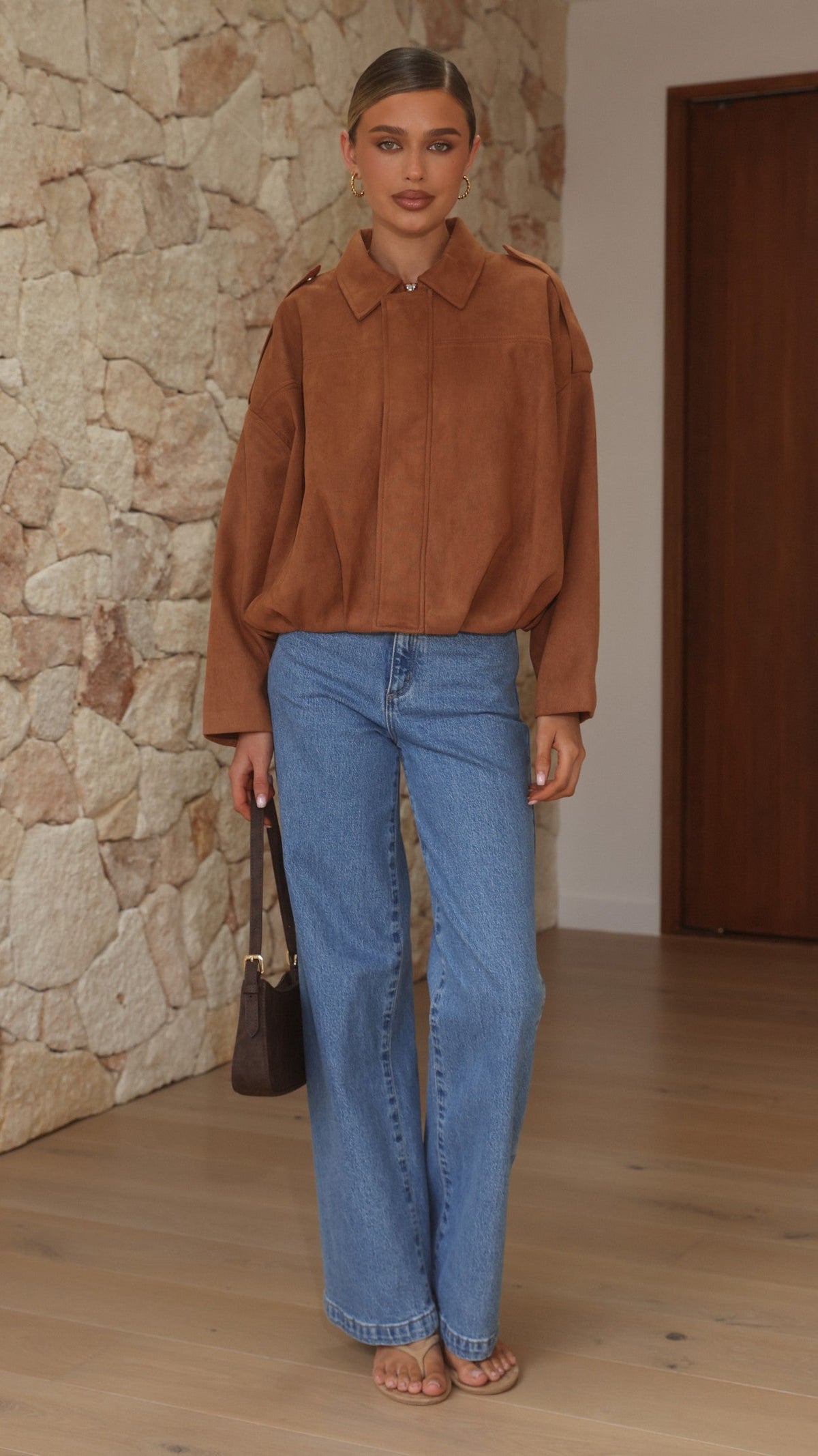 Phoenix Faux Suede Collared Bomber Jacket with Bubble Hem – Tan – view 7