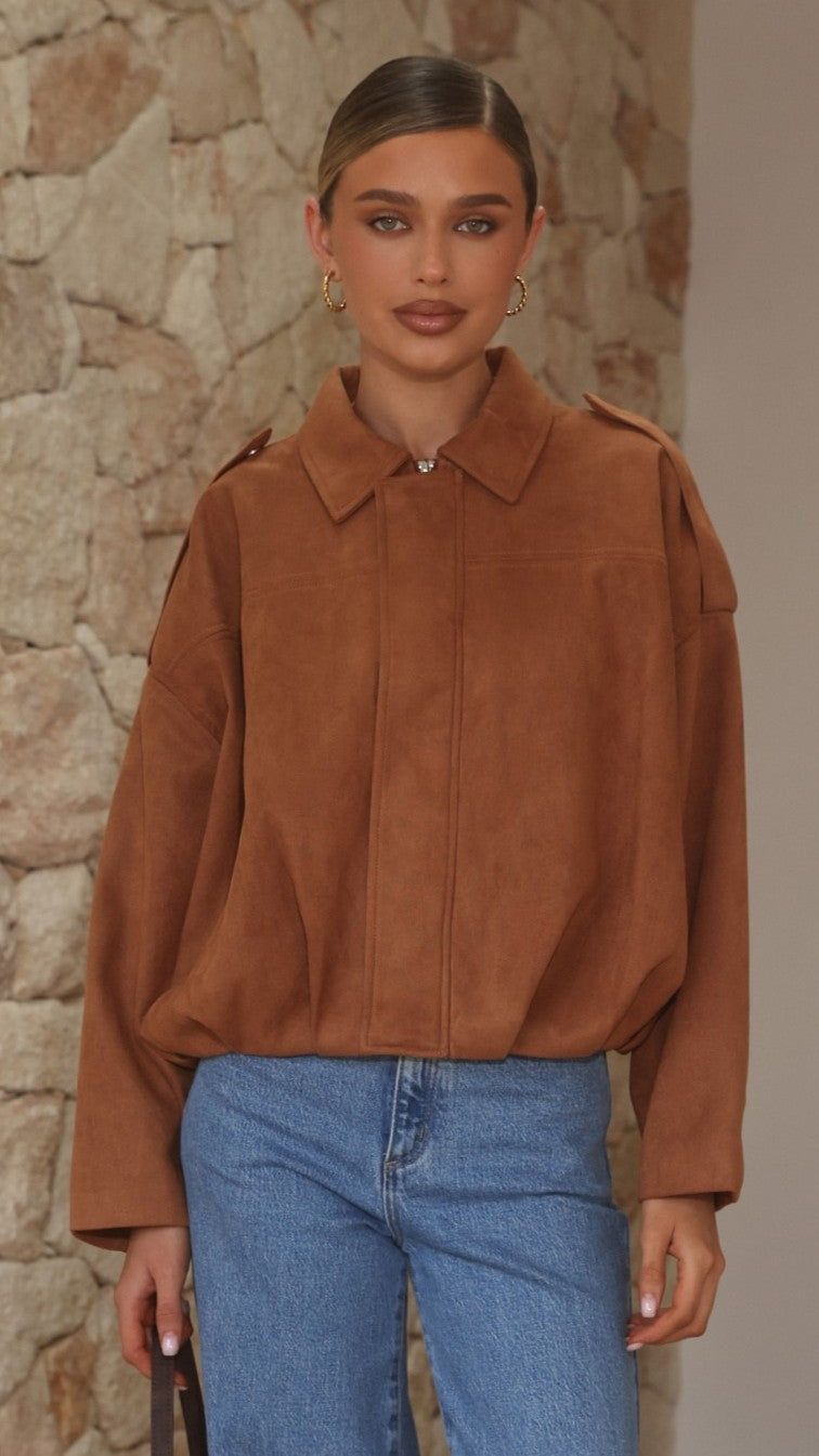 Phoenix Faux Suede Collared Bomber Jacket with Bubble Hem – Tan – view 1
