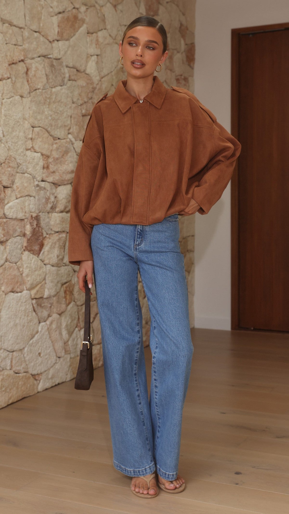 Phoenix Faux Suede Collared Bomber Jacket with Bubble Hem – Tan – view 4