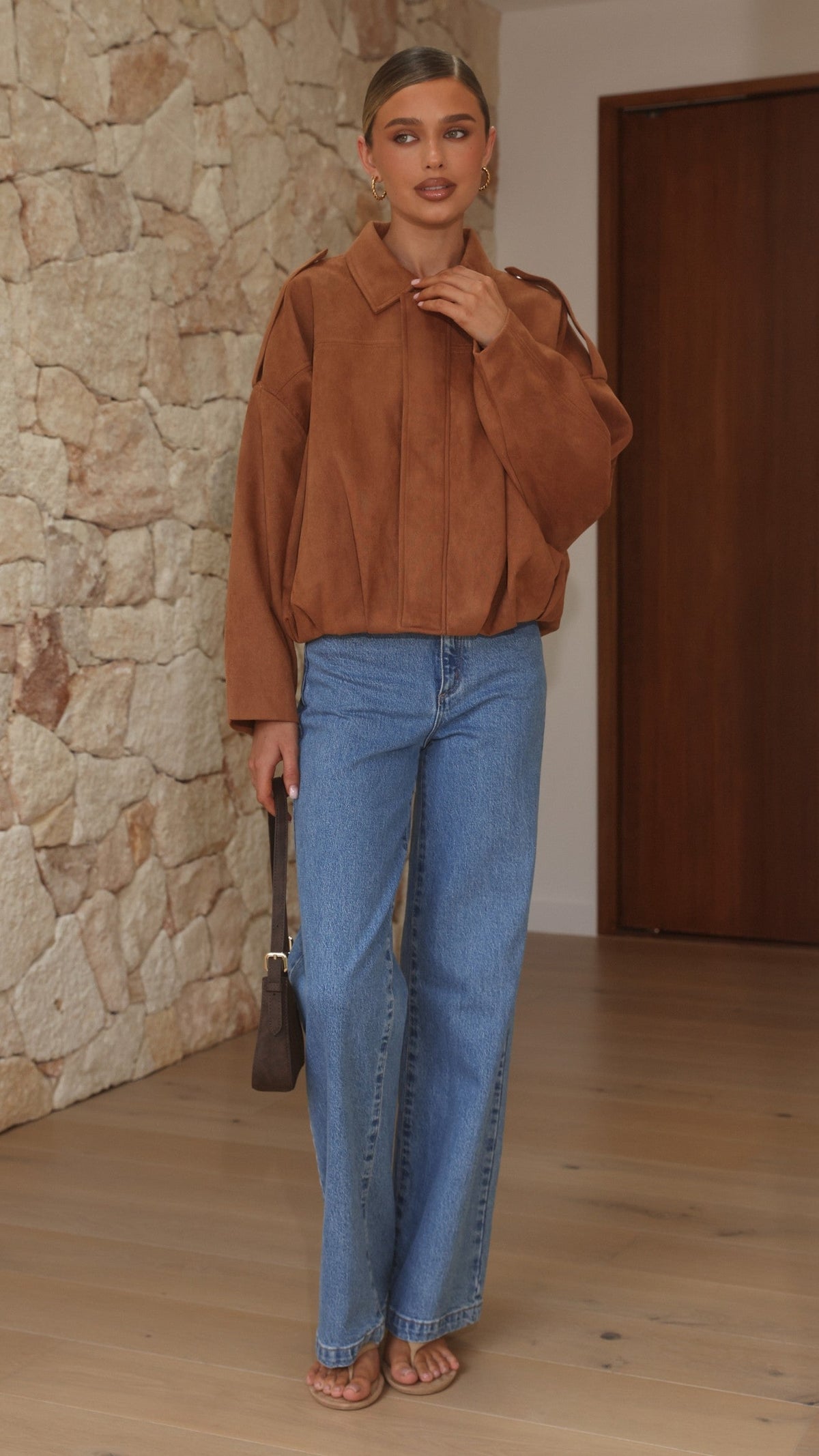 Phoenix Faux Suede Collared Bomber Jacket with Bubble Hem – Tan – view 8
