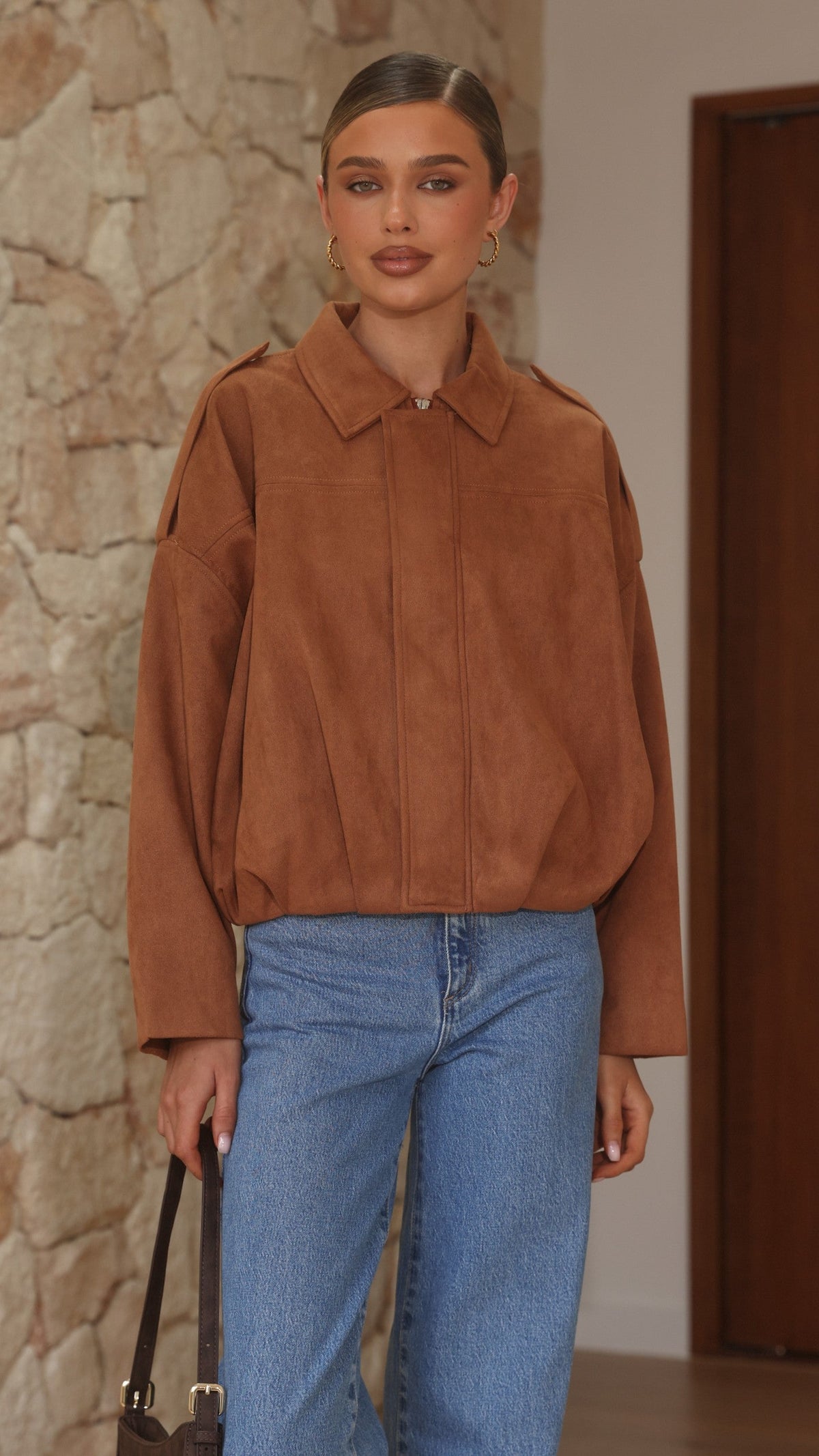 Phoenix Faux Suede Collared Bomber Jacket with Bubble Hem – Tan – view 3