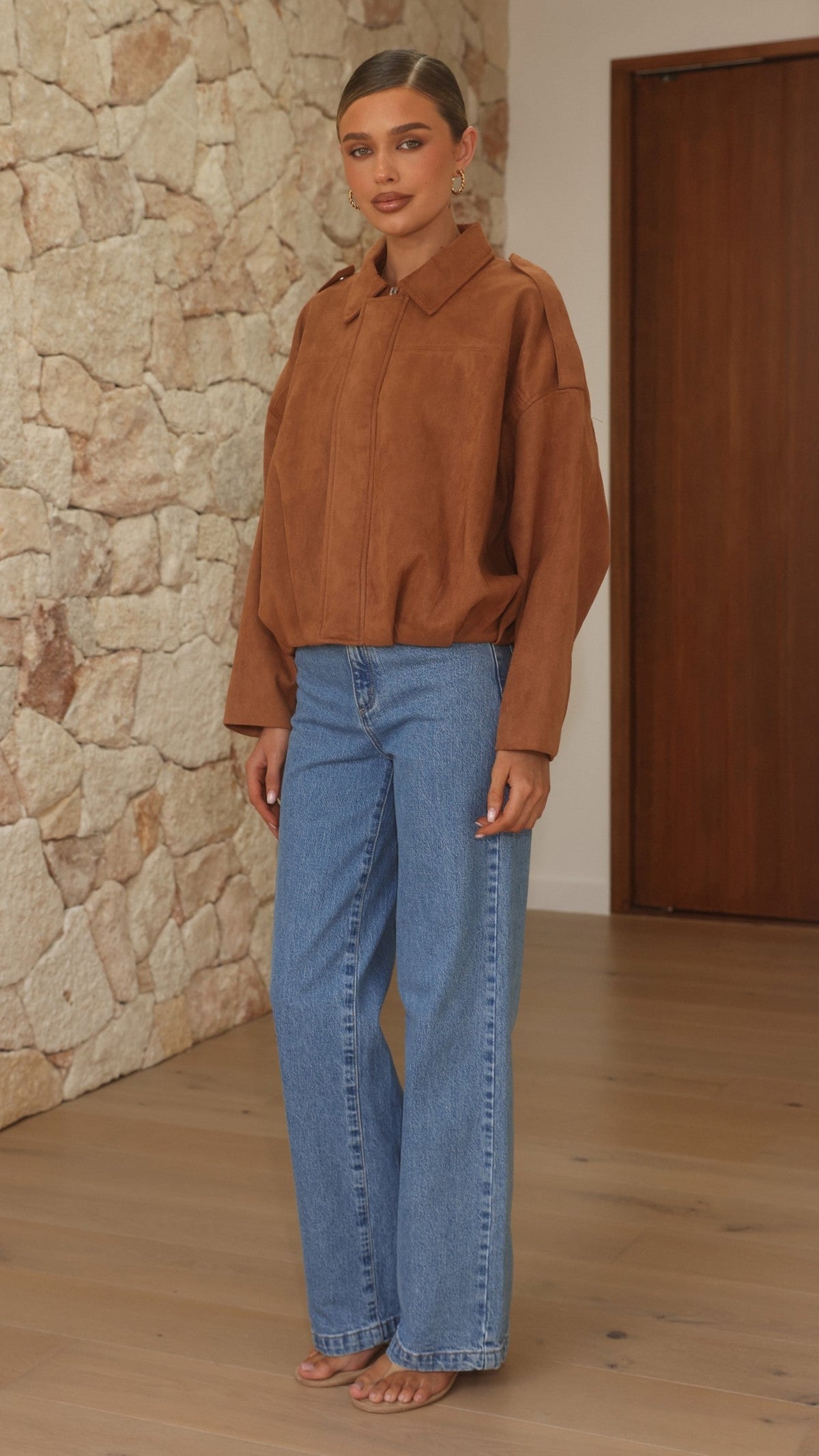 Phoenix Faux Suede Collared Bomber Jacket with Bubble Hem – Tan – view 5