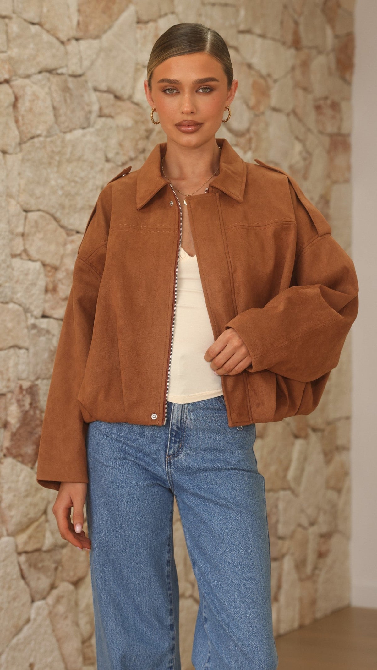 Phoenix Faux Suede Collared Bomber Jacket with Bubble Hem – Tan – view 9
