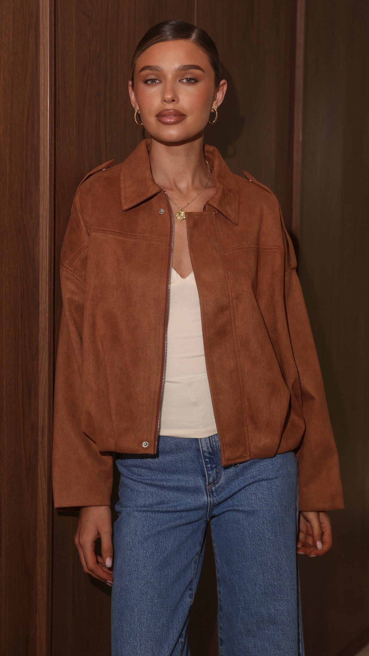 Phoenix Faux Suede Collared Bomber Jacket with Bubble Hem – Tan – view 6