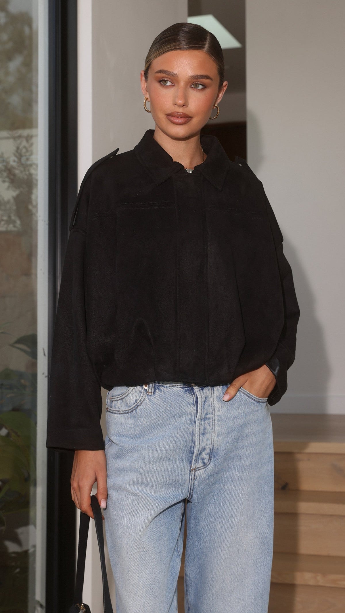 Phoenix Faux Suede Collared Bomber Jacket with Bubble Hem – Black – view 1