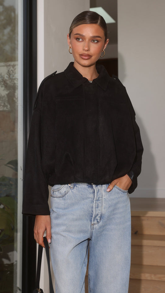 Phoenix Faux Suede Collared Bomber Jacket with Bubble Hem – Black