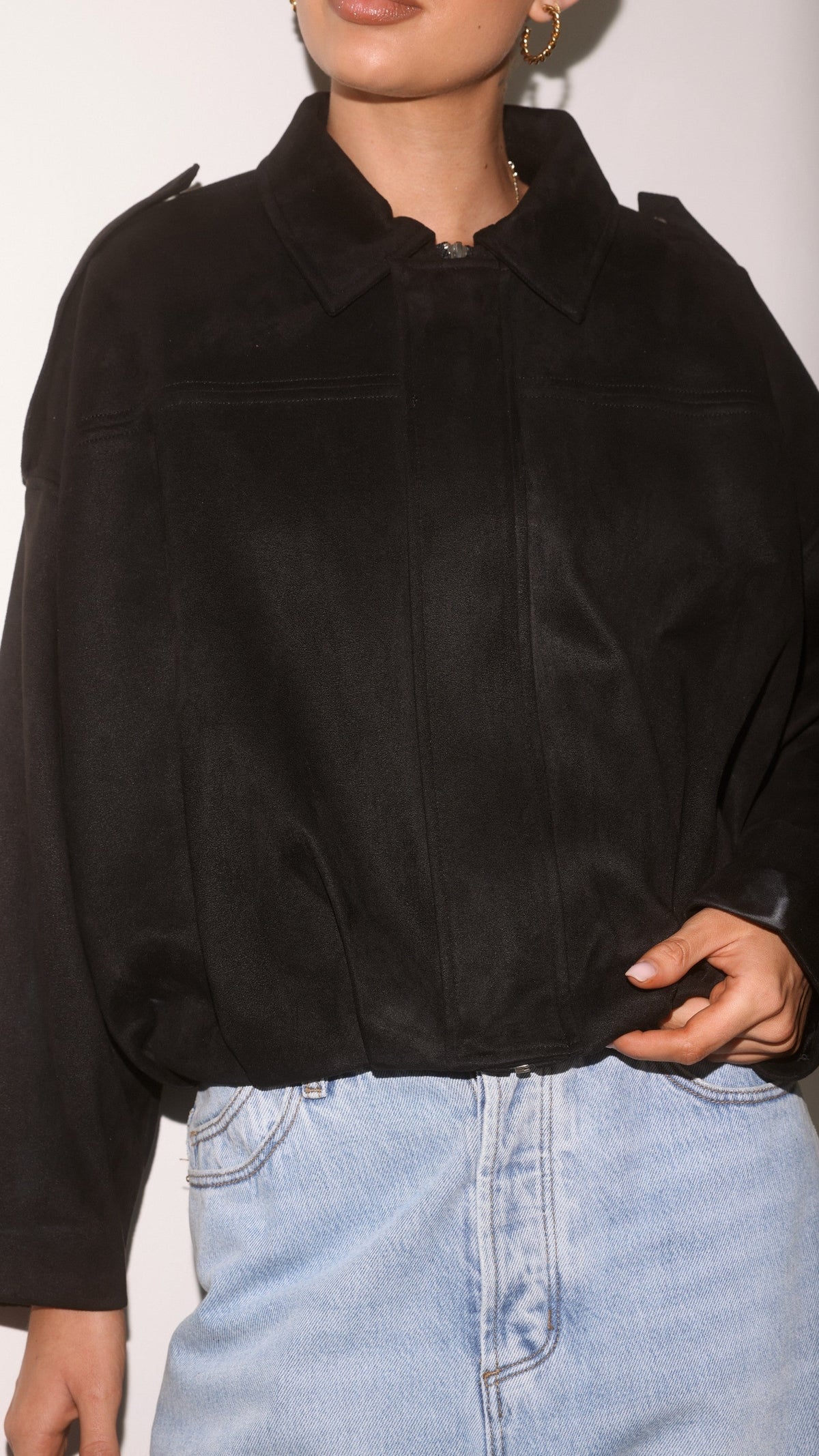 Phoenix Faux Suede Collared Bomber Jacket with Bubble Hem – Black – view 7