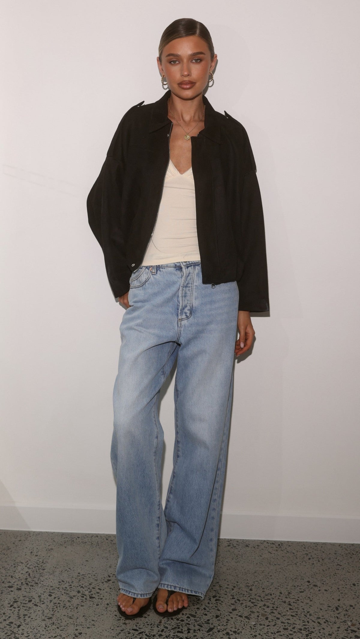Phoenix Faux Suede Collared Bomber Jacket with Bubble Hem – Black – view 5