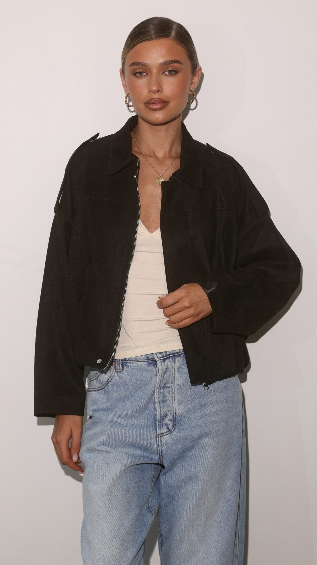 Phoenix Faux Suede Collared Bomber Jacket with Bubble Hem – Black – view 10