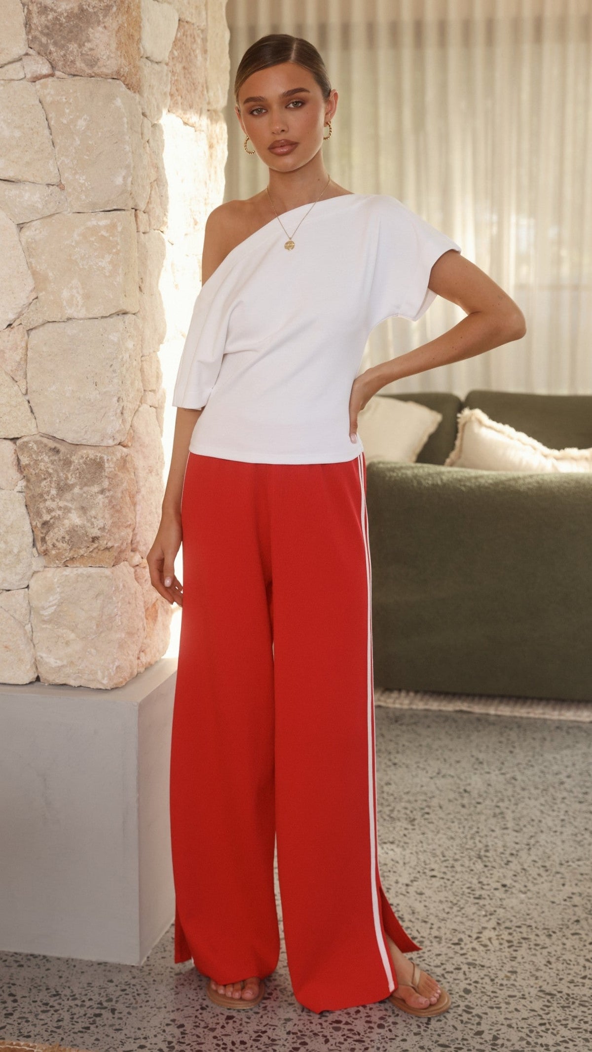 Jaysha High Waisted Ribbed Wide Leg Trousers – Red/White – view 3