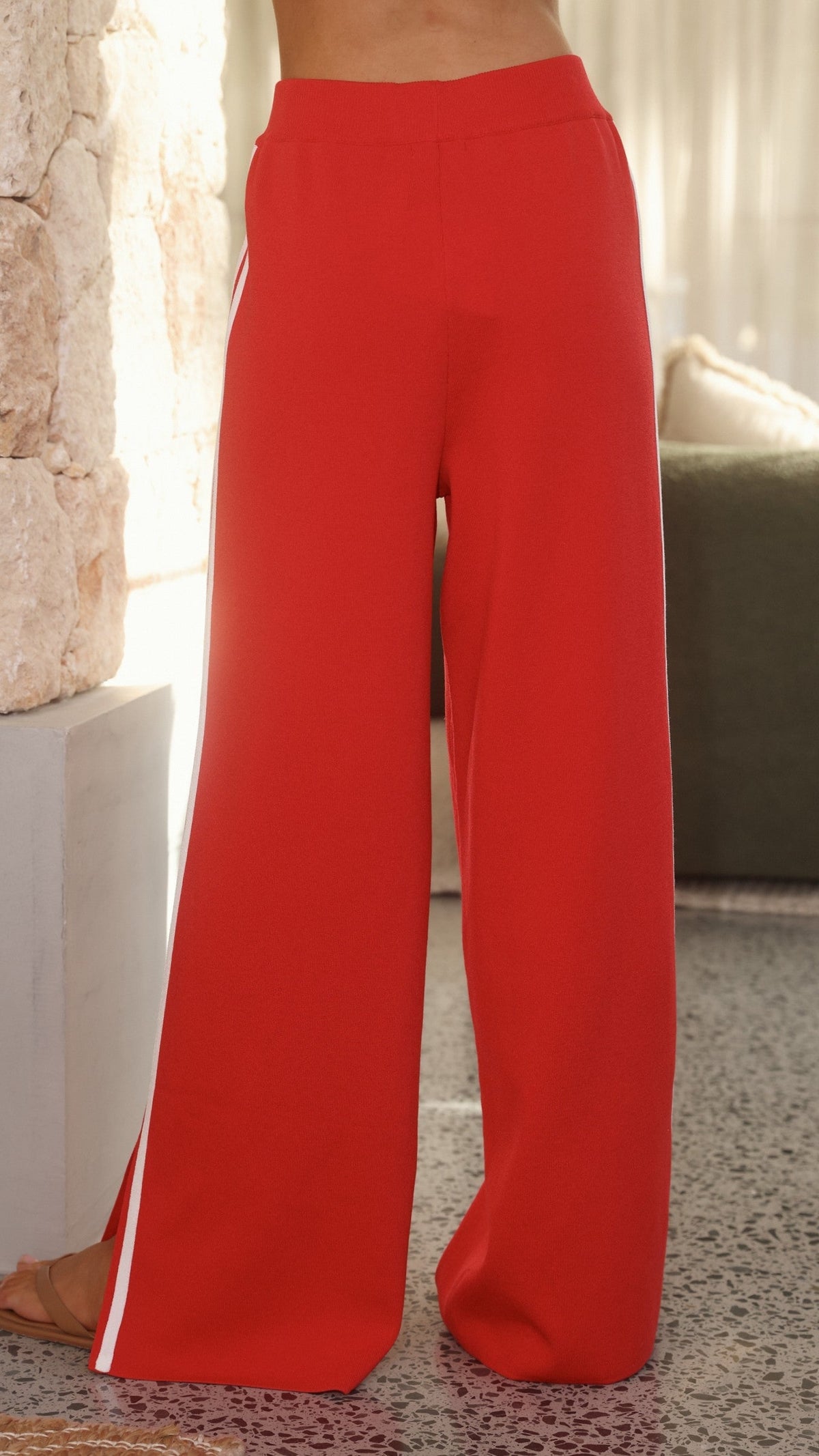 Jaysha High Waisted Ribbed Wide Leg Trousers – Red/White – view 6