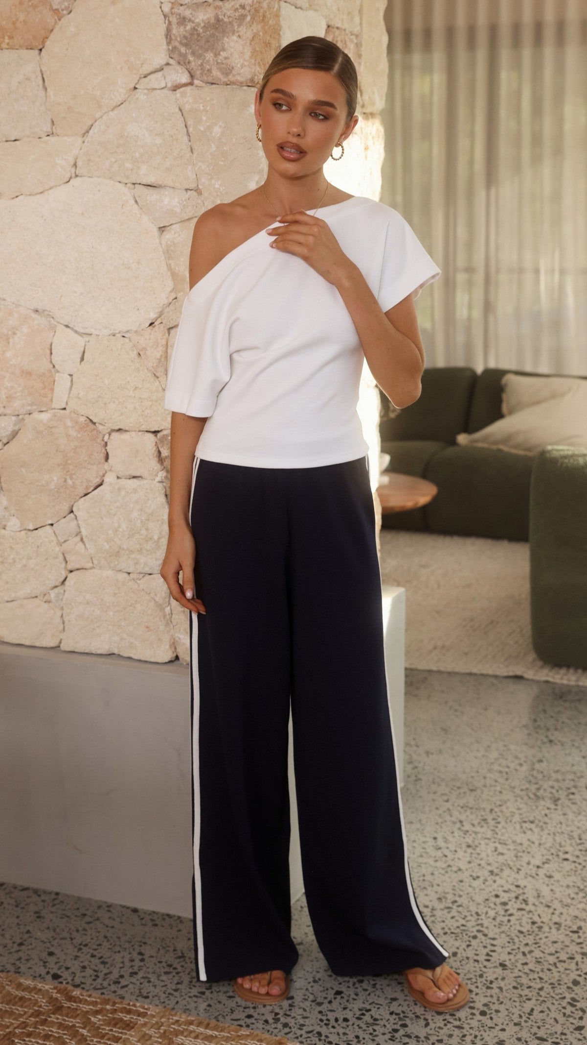 Jaysha High Waisted Ribbed Wide Leg Trousers – Navy/White – view 8
