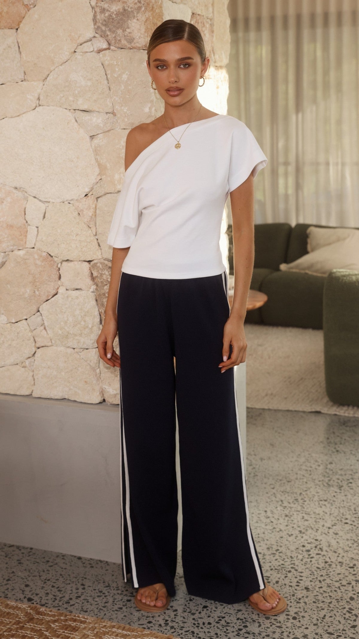 Jaysha High Waisted Ribbed Wide Leg Trousers – Navy/White