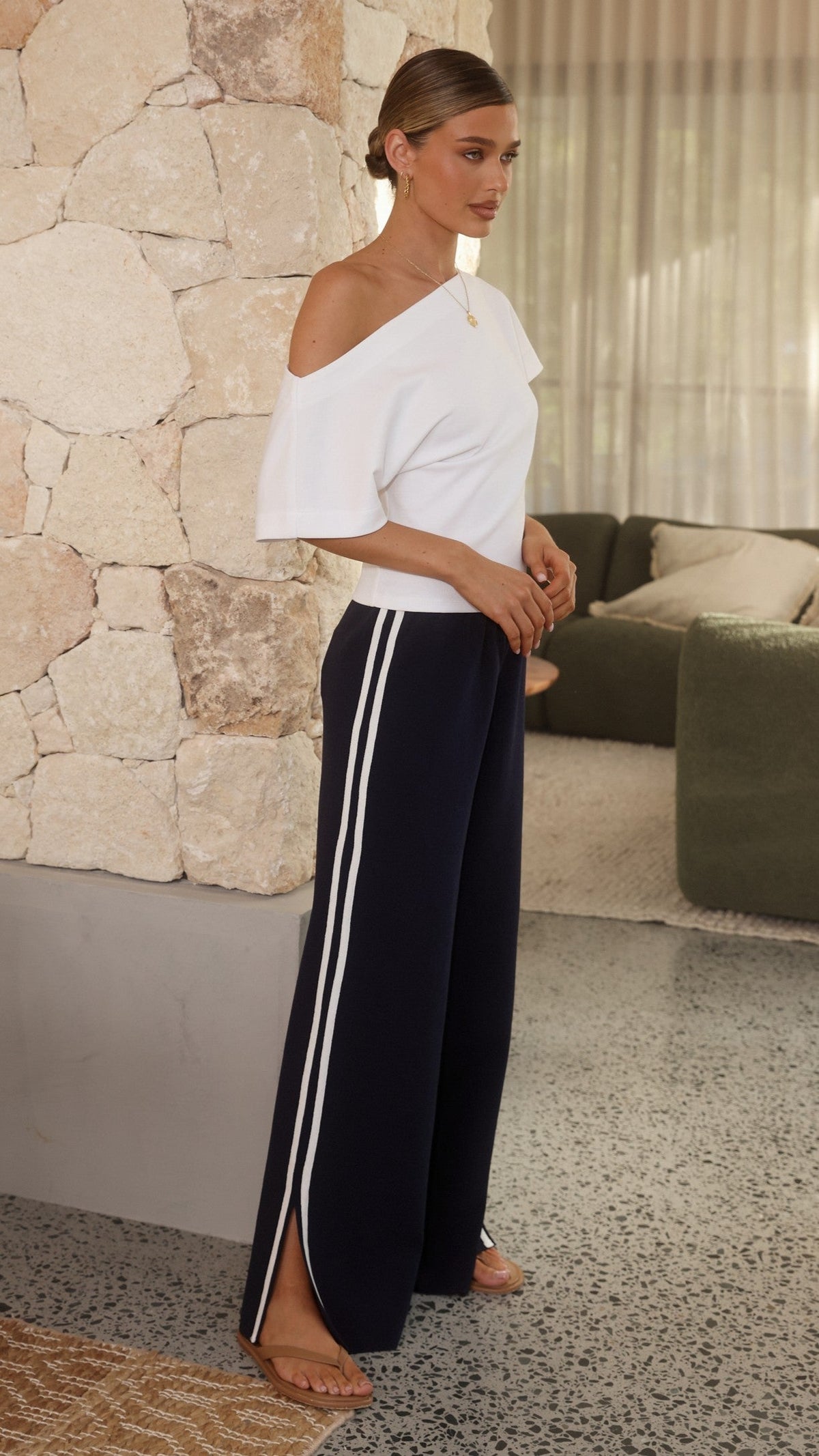 Jaysha High Waisted Ribbed Wide Leg Trousers – Navy/White – view 4