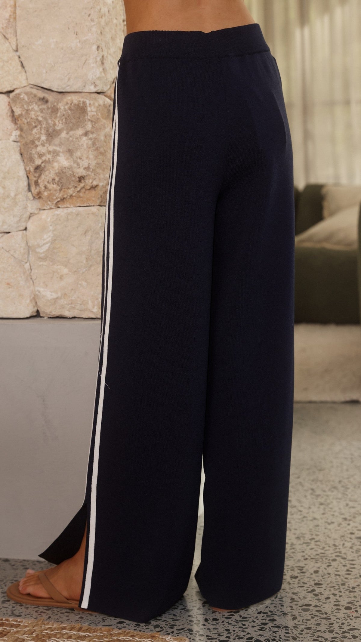 Jaysha High Waisted Ribbed Wide Leg Trousers – Navy/White