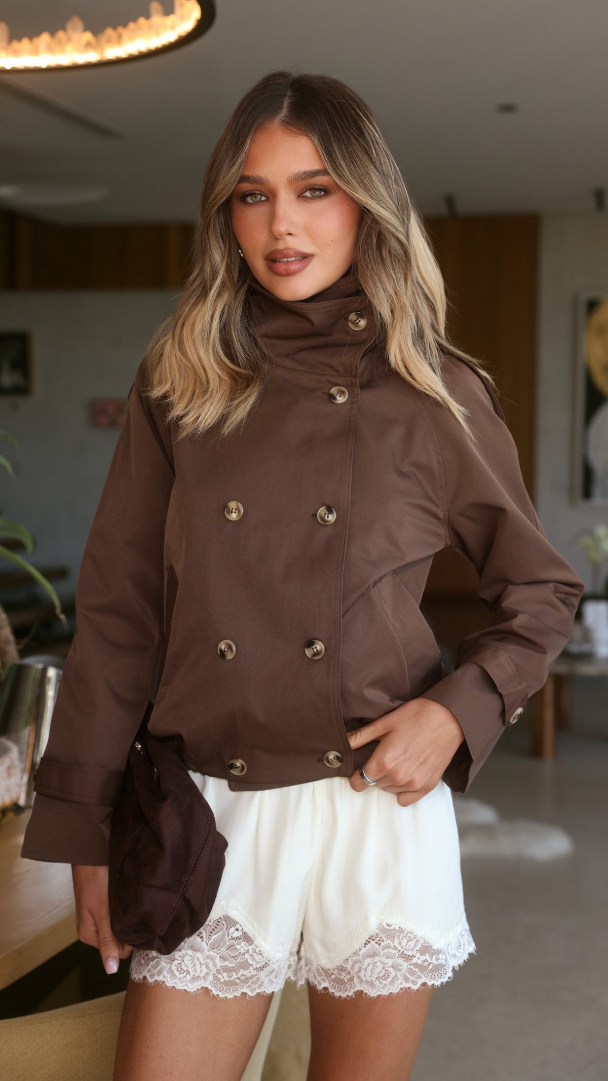Jeanne Funnel Neck Bomber Jacket with Shoulder Straps – Chocolate