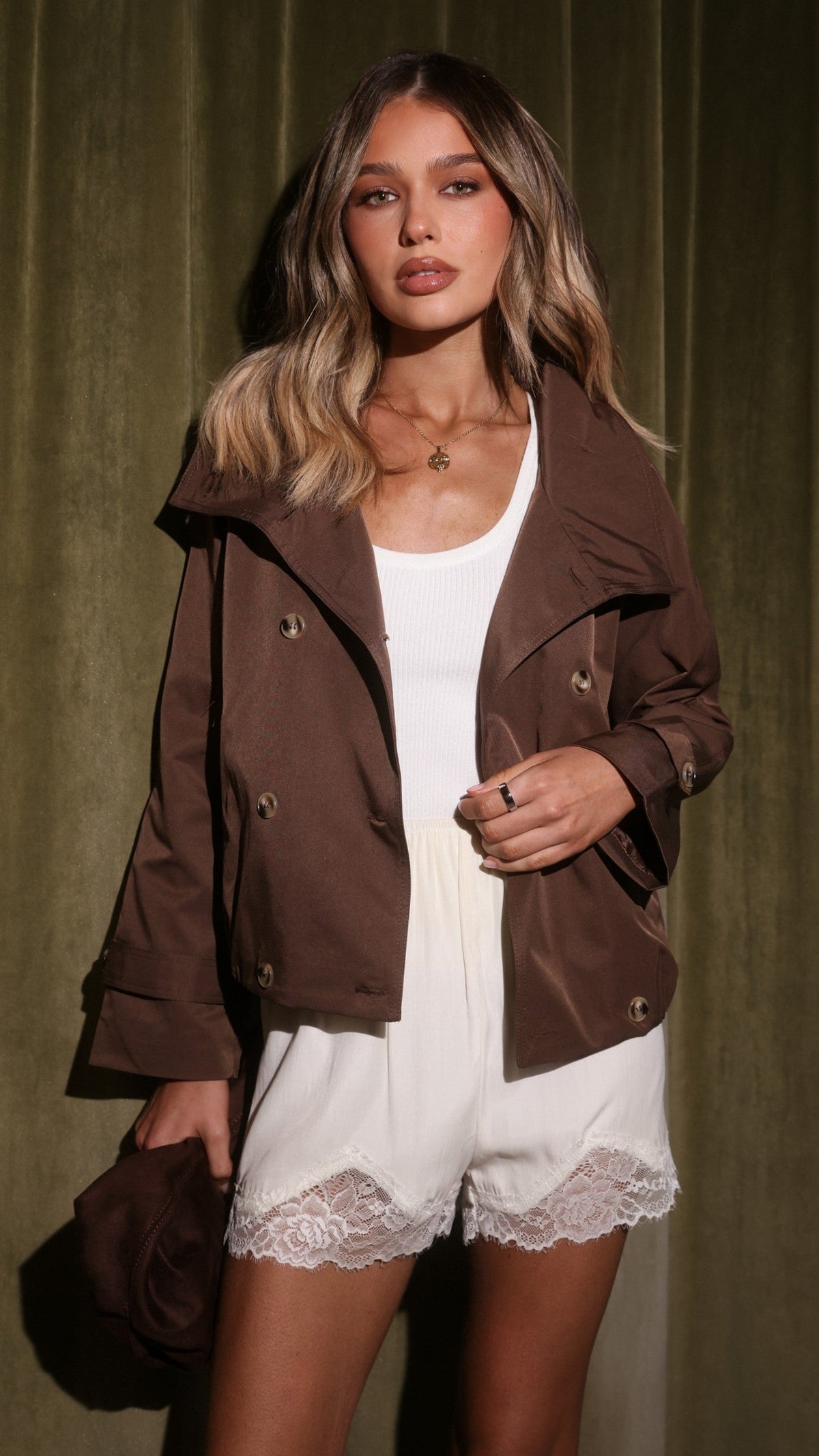 Jeanne Funnel Neck Bomber Jacket with Shoulder Straps – Chocolate