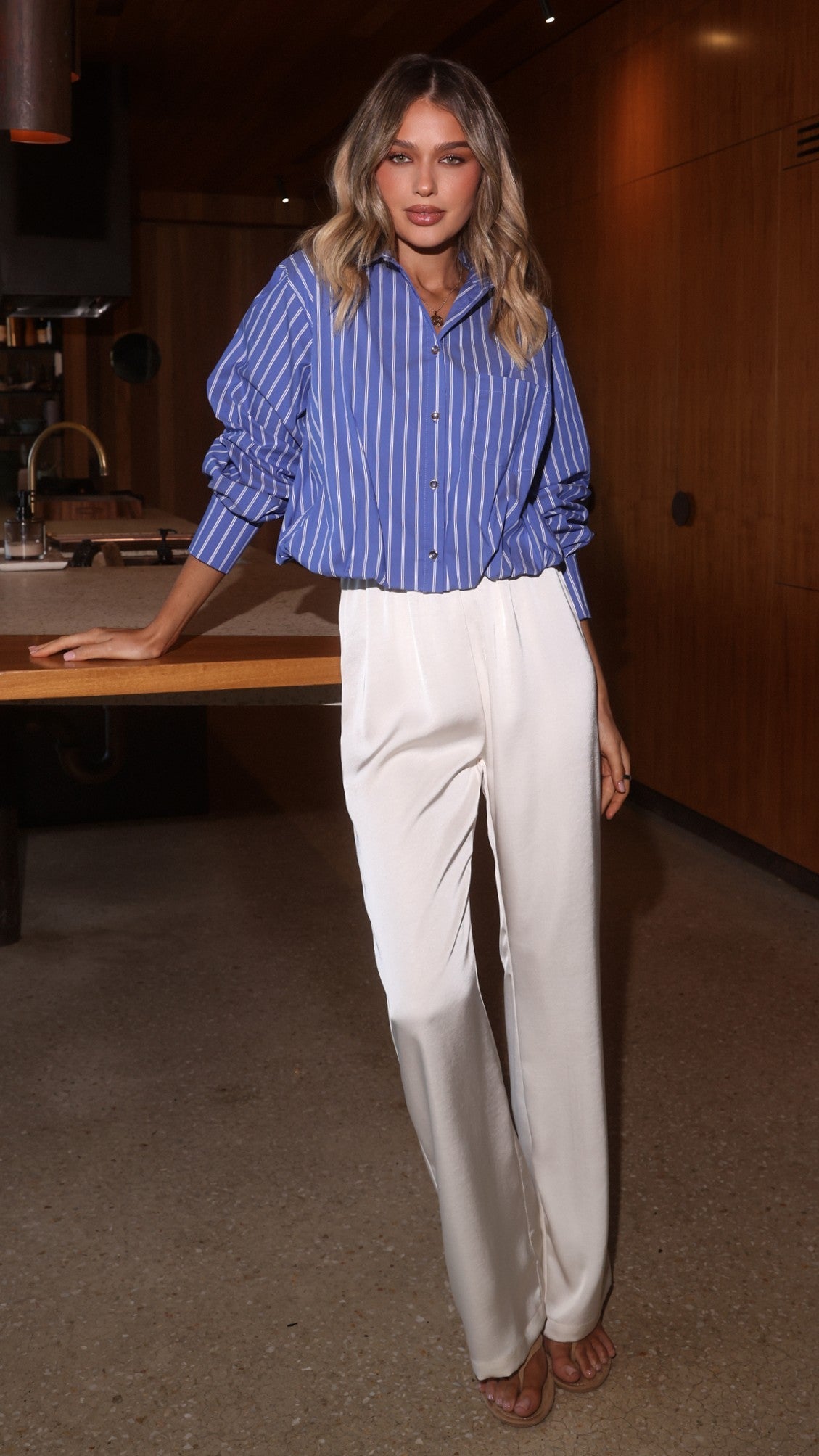 Rita Cropped Collared Shirt with Elasticated Hem – Blue/White Stripe – view 3