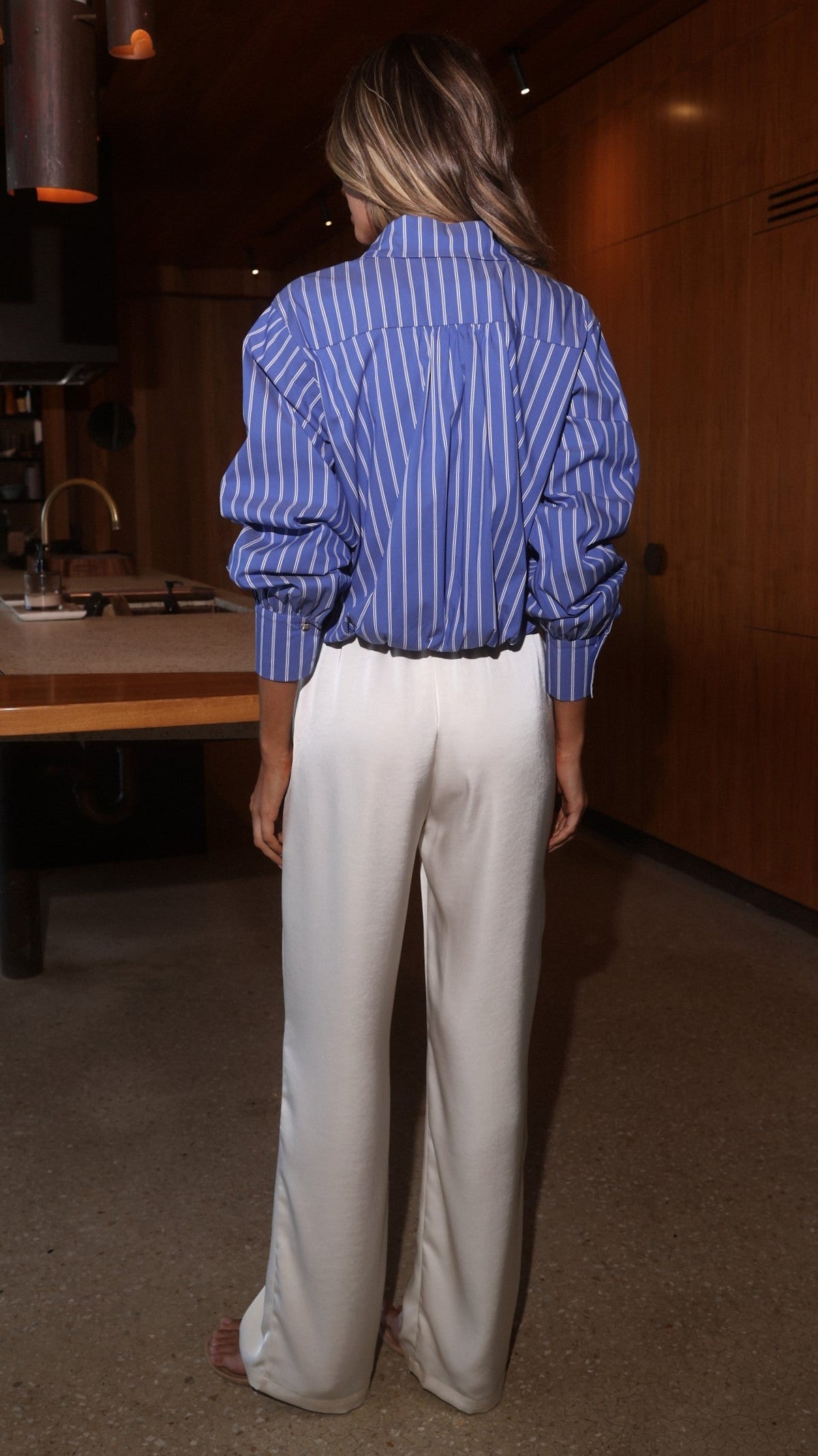 Rita Cropped Collared Shirt with Elasticated Hem – Blue/White Stripe – view 2