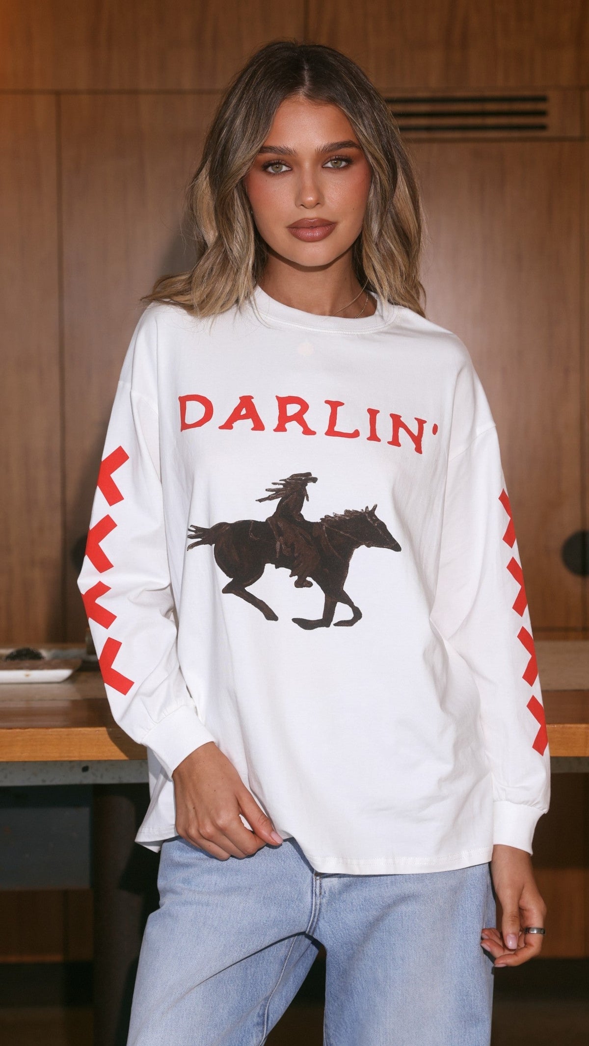Darlin Relaxed Longline Graphic Long Sleeve T-Shirt – White – view 1