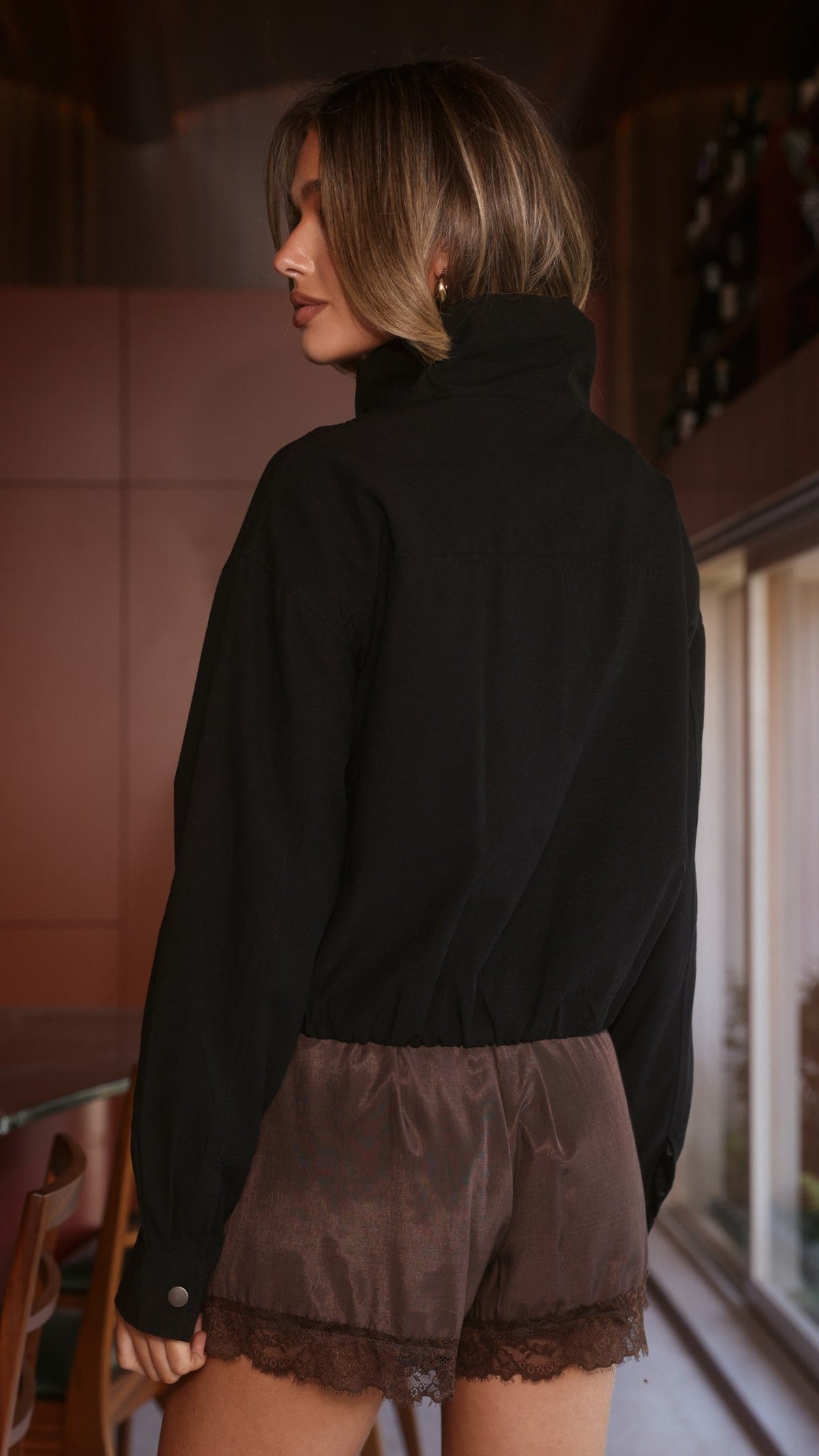 Byron Funnel Neck Bomber Jacket with Concealed Zip – Black – view 2