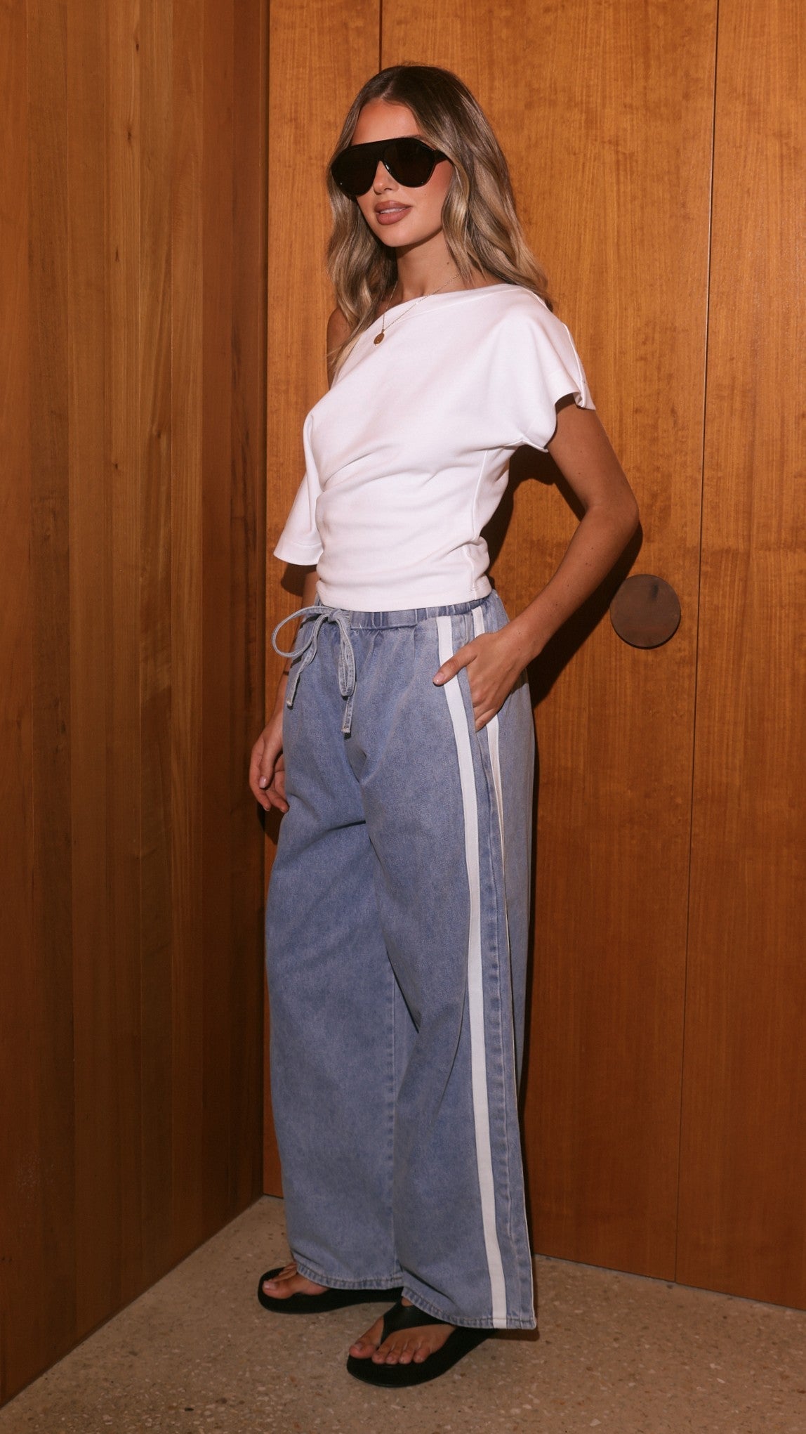Jazlyn High Waisted Tie Waist Denim Trousers – Light Blue/White – view 5