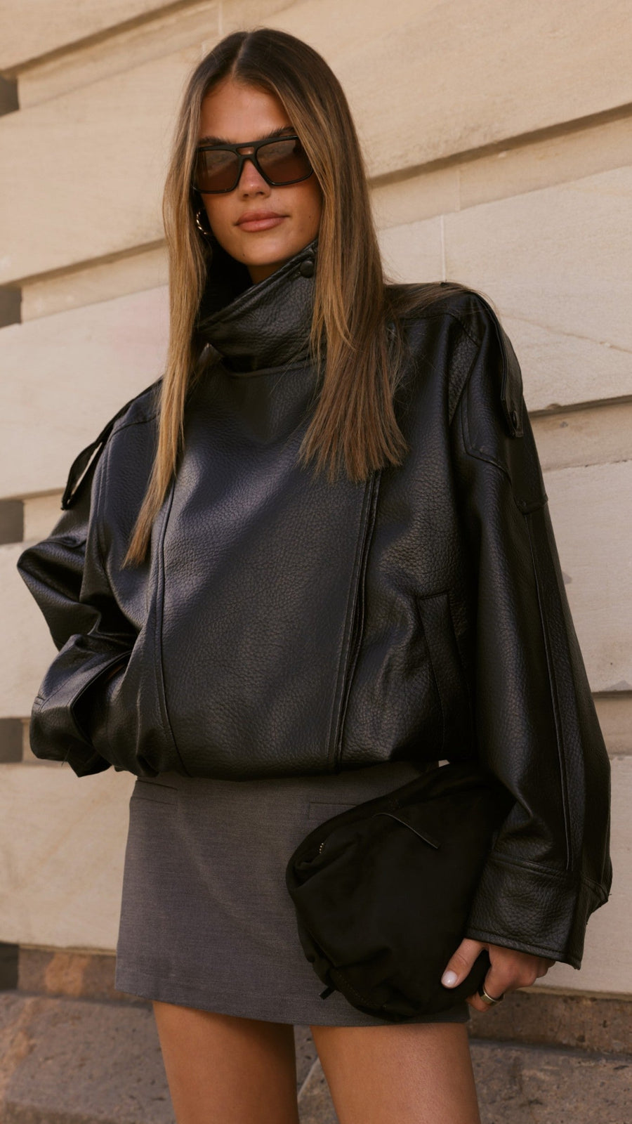 Asher Faux Leather Bomber Jacket with High Neck and Front Zip – Black