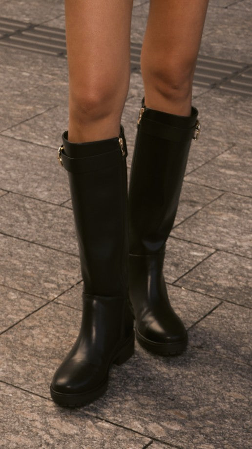 Yehuda Knee-High Riding Boots with Gold Buckle Detail – Black – view 4