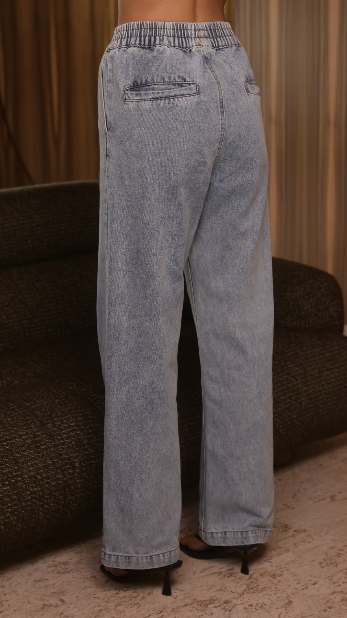 Zina Elasticated Waist Wide Leg Rigid Denim Trousers – Mid Blue – view 4