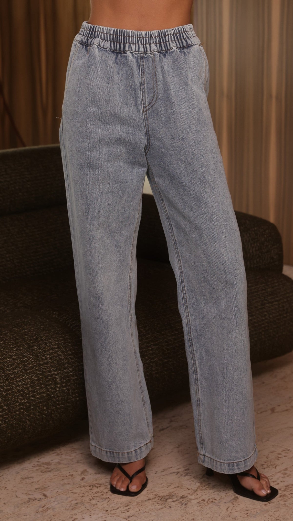 Zina Elasticated Waist Wide Leg Rigid Denim Trousers – Mid Blue – view 3