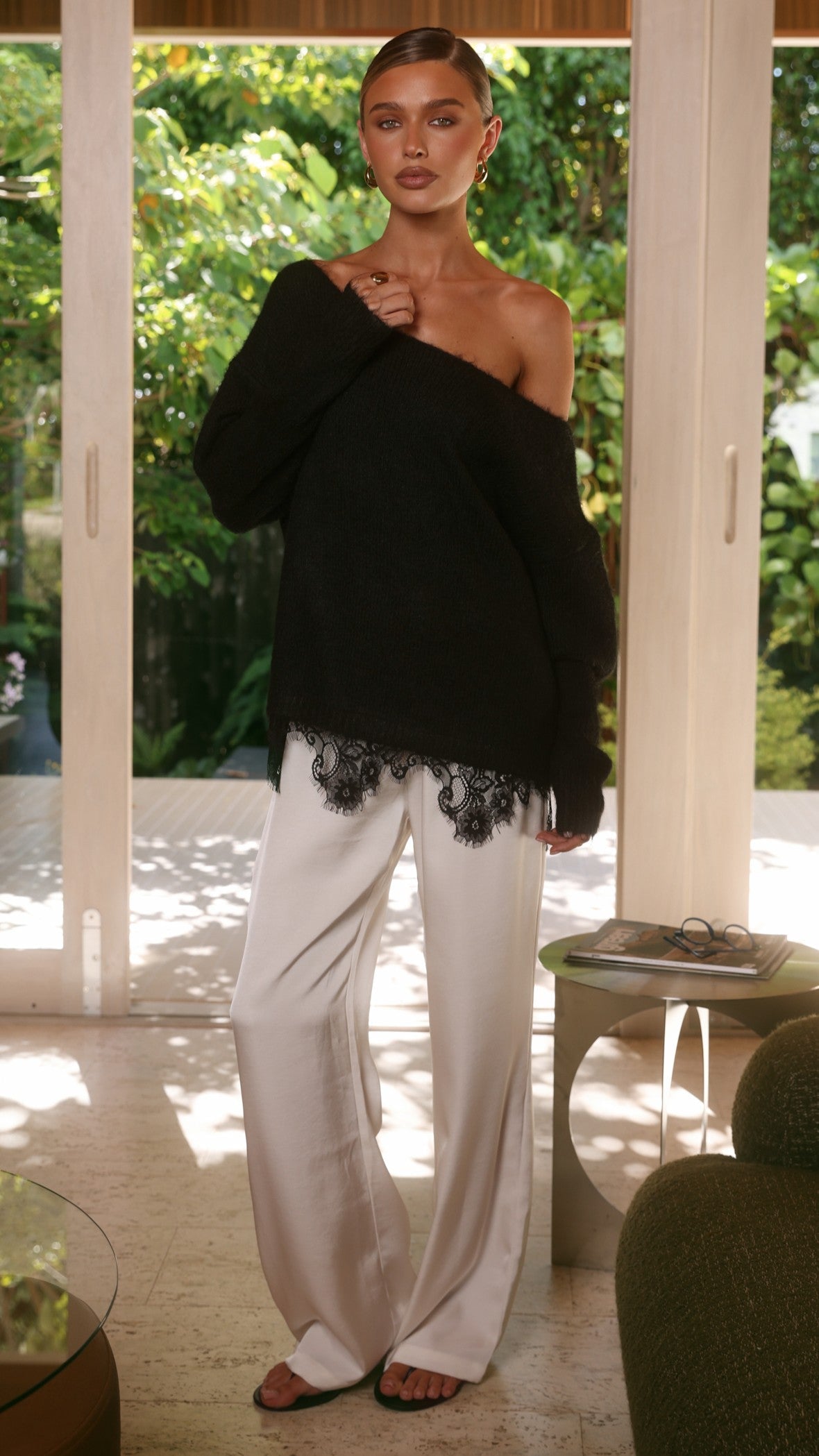 Lainey Asymmetric Off Shoulder Knit Top with Lace Hem – Black