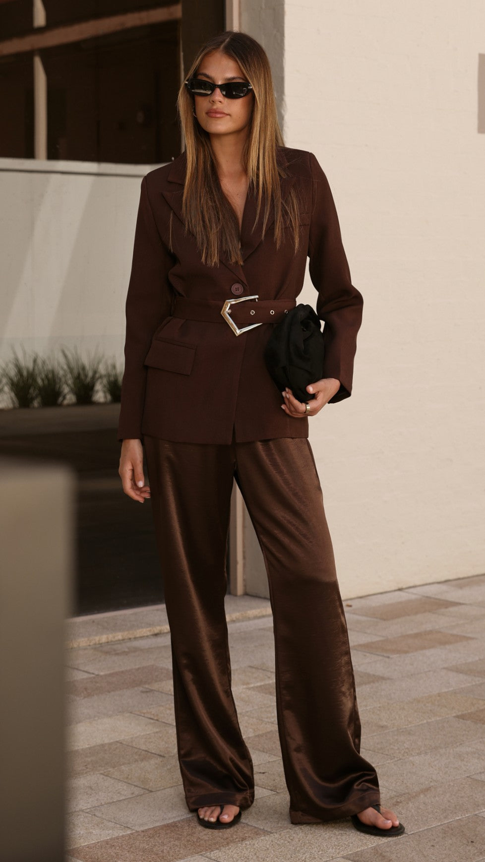 Valissa Fit and Flare Belted Blazer with Gold Buckle – Chocolate