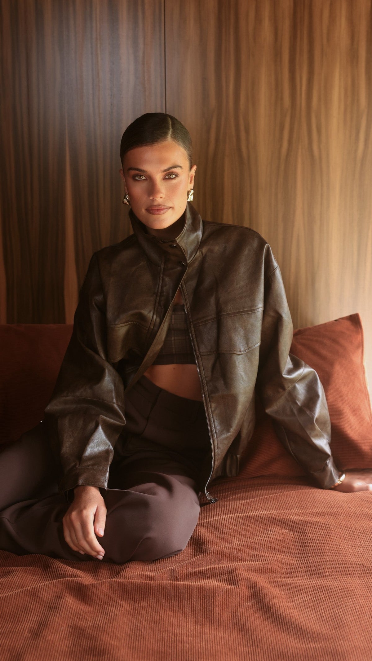 Rhode Funnel Neck Jacket with Elasticated Hem – Brown