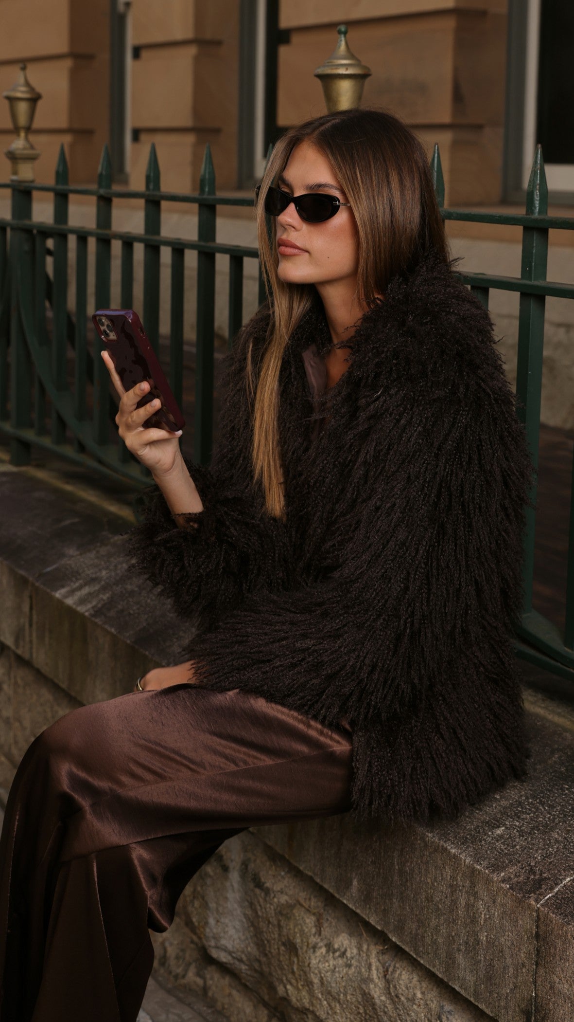 Chantelle Faux Fur Mid Length Jacket with Classic Collar – Chocolate – view 7