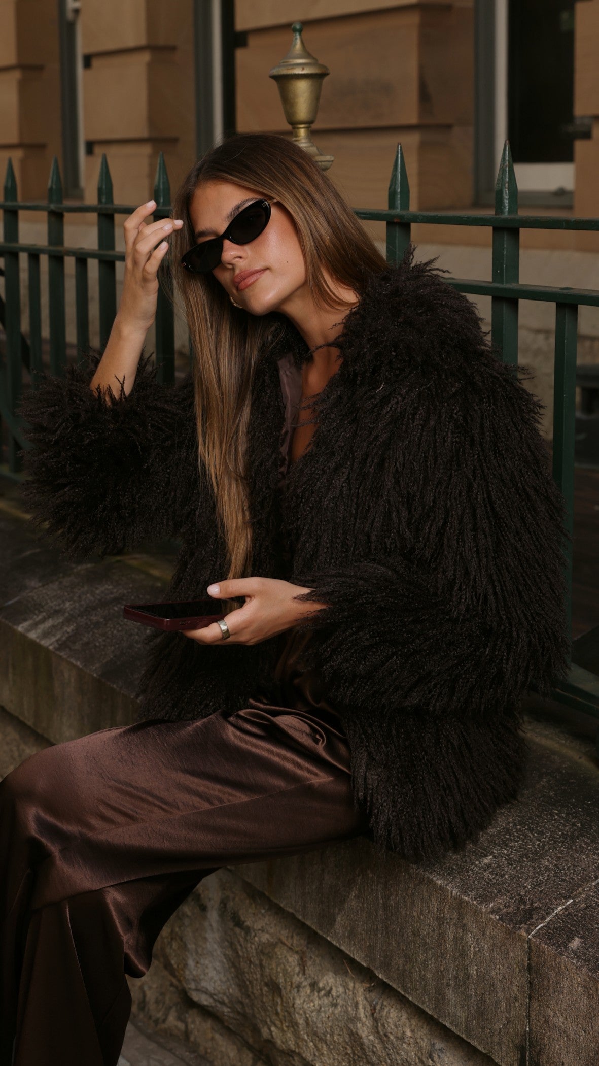 Chantelle Faux Fur Mid Length Jacket with Classic Collar – Chocolate
