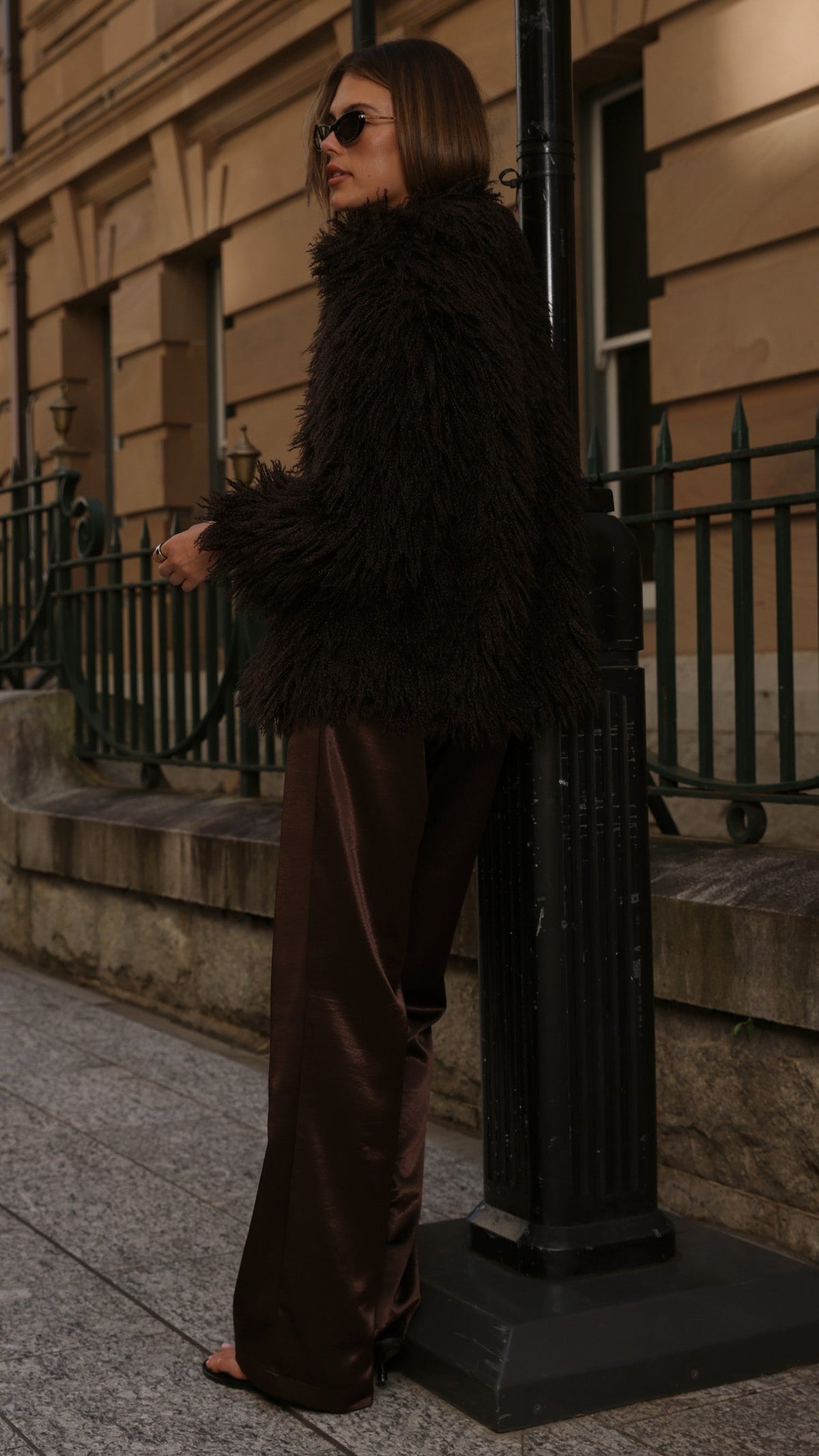 Chantelle Faux Fur Mid Length Jacket with Classic Collar – Chocolate
