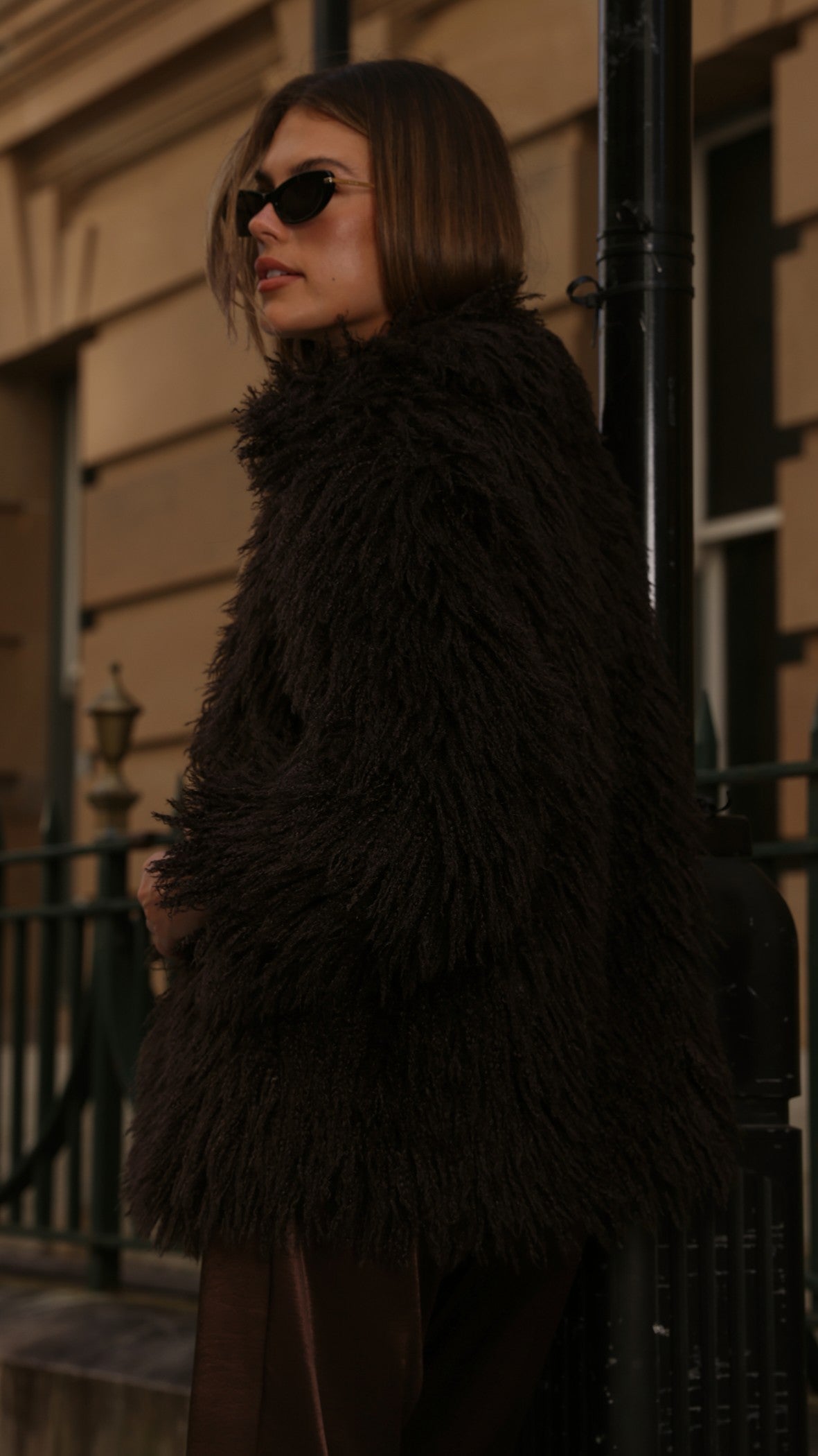 Chantelle Faux Fur Mid Length Jacket with Classic Collar – Chocolate