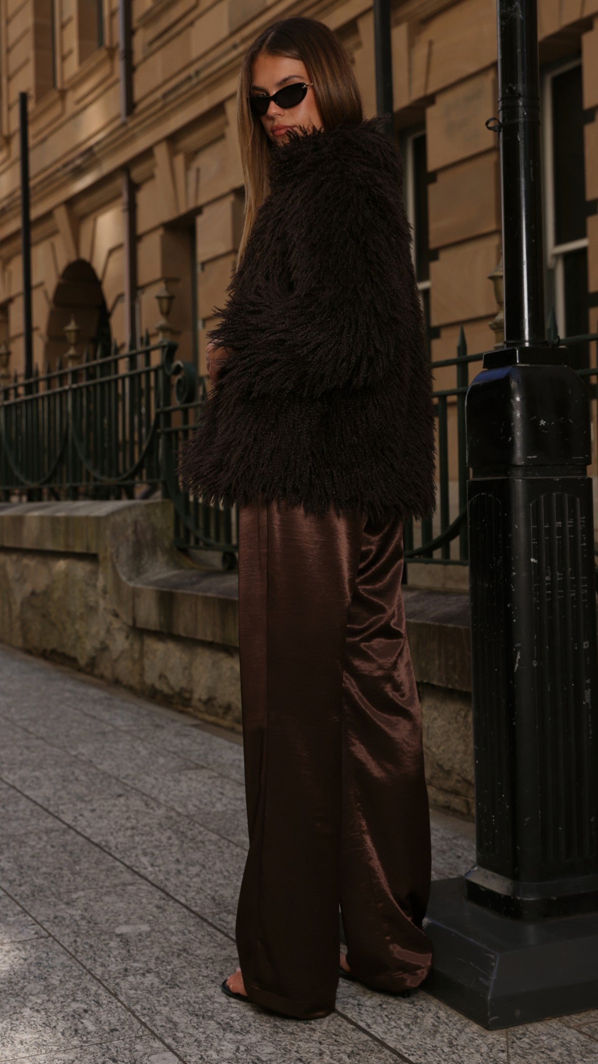 Chantelle Faux Fur Mid Length Jacket with Classic Collar – Chocolate