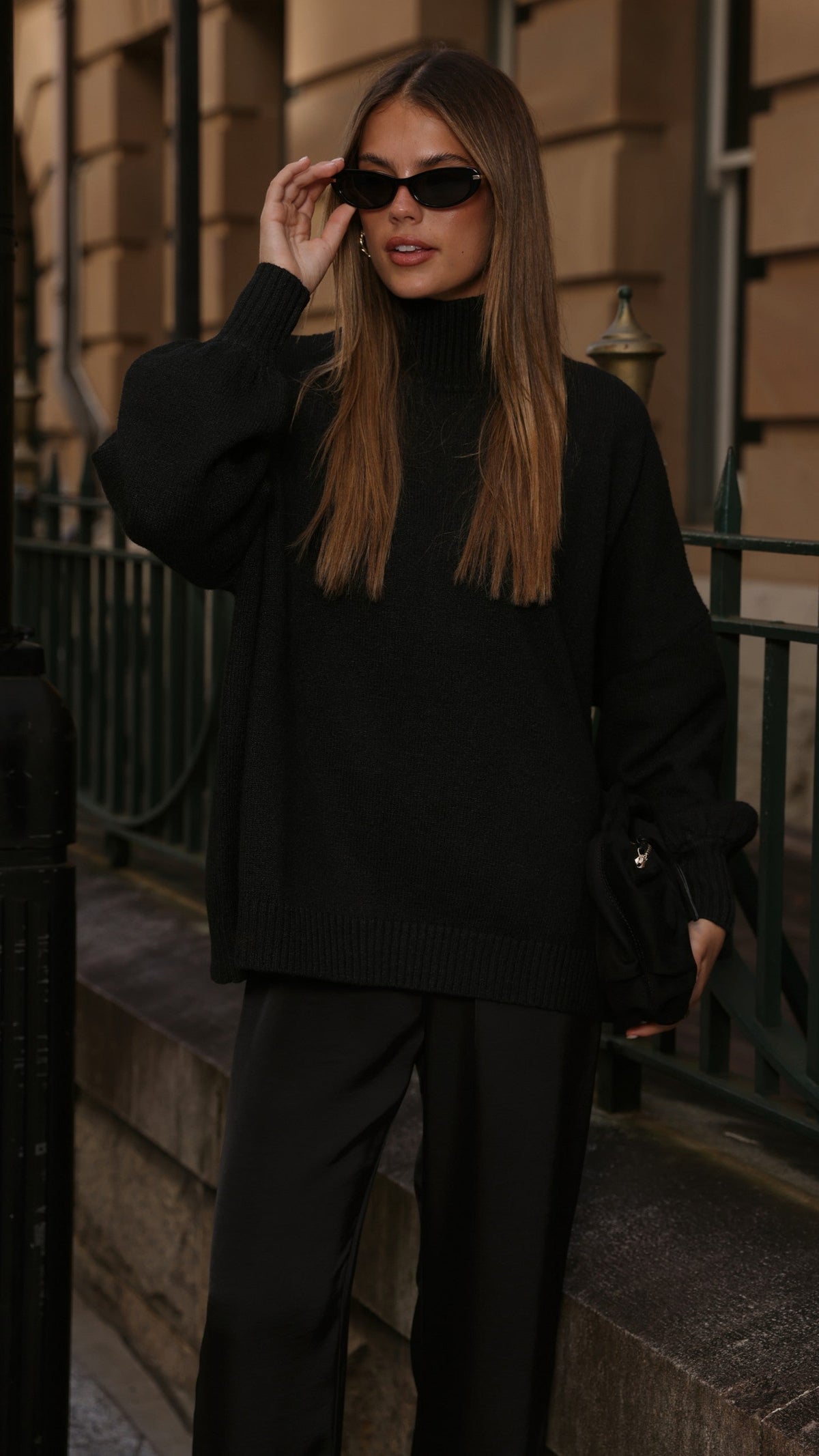 Harita Turtleneck Bell Sleeve Boxy Knit Jumper – Black – view 15