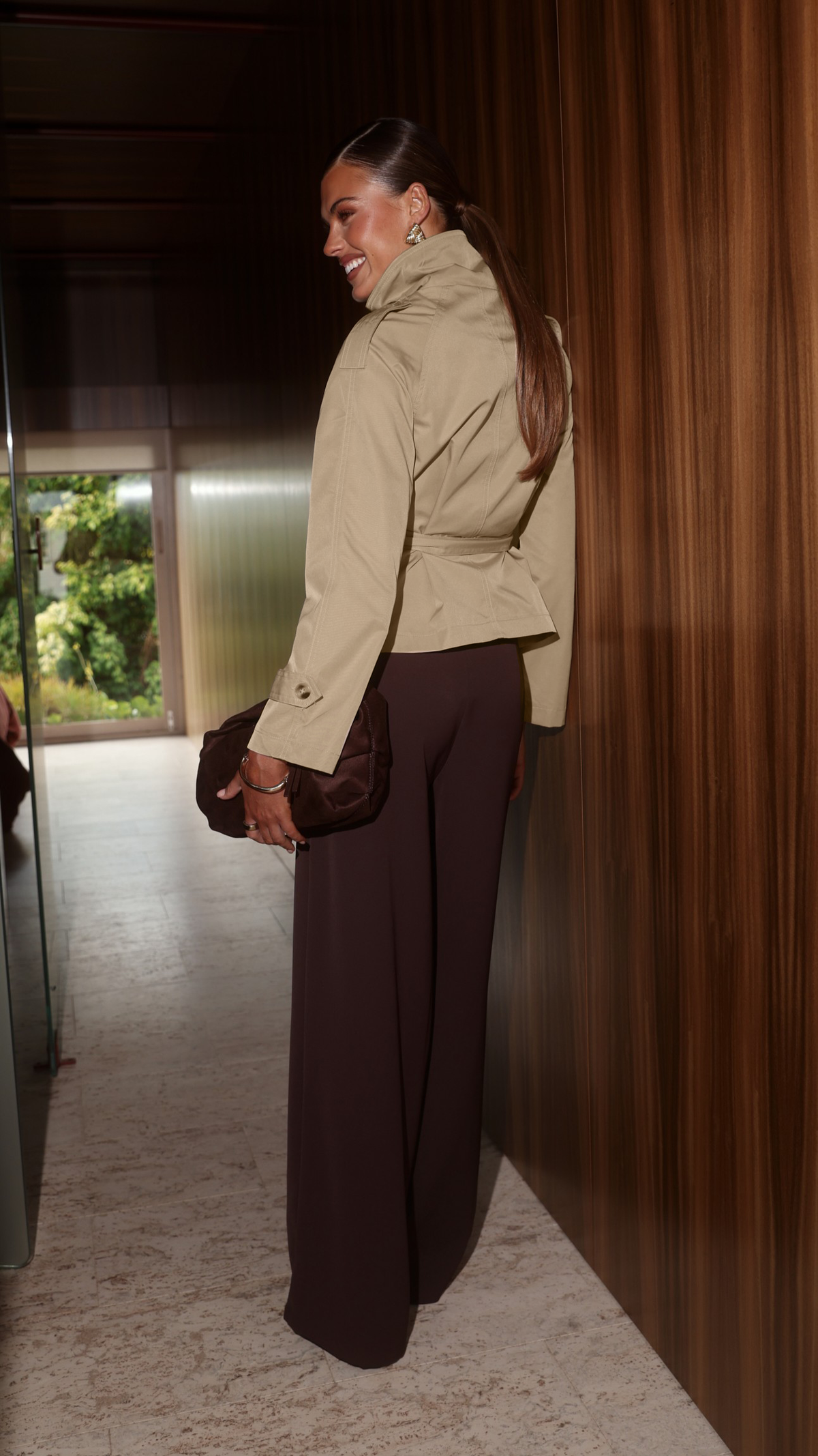 Marza Cropped Funnel Neck Trench Coat with Tie Belt – Sand – view 2