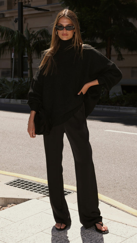 Imogen High Rise Wide Leg Elasticated Waist Trousers – Black