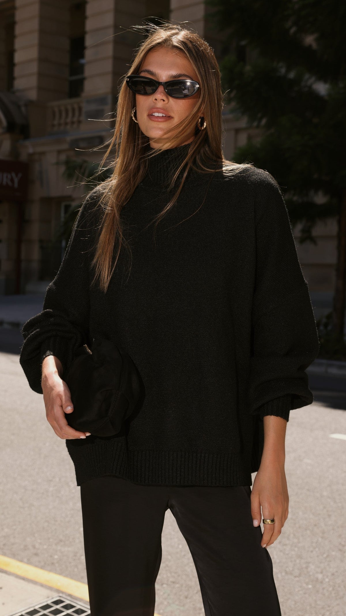 Harita Turtleneck Bell Sleeve Boxy Knit Jumper – Black – view 1