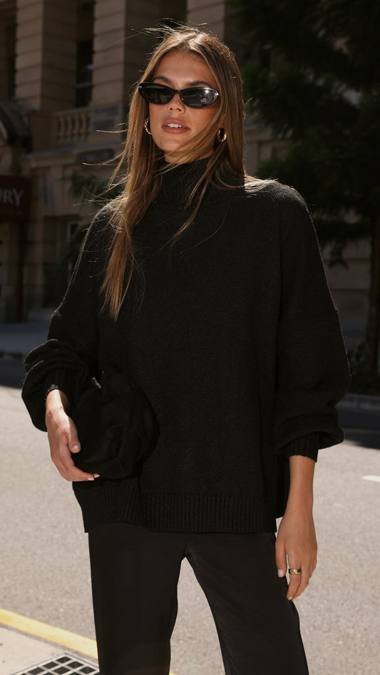 Harita Turtleneck Bell Sleeve Boxy Knit Jumper – Black